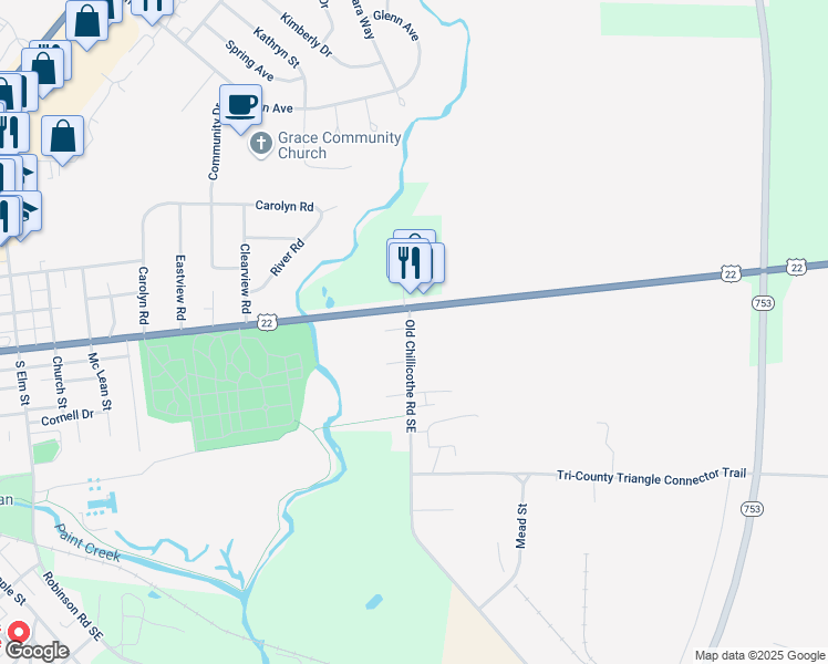 map of restaurants, bars, coffee shops, grocery stores, and more near 934 Old Chillicothe Road Southeast in Washington Court House