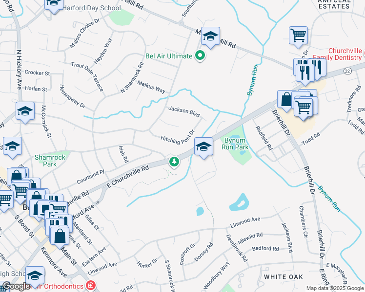 map of restaurants, bars, coffee shops, grocery stores, and more near 220 Hitching Post Drive in Bel Air
