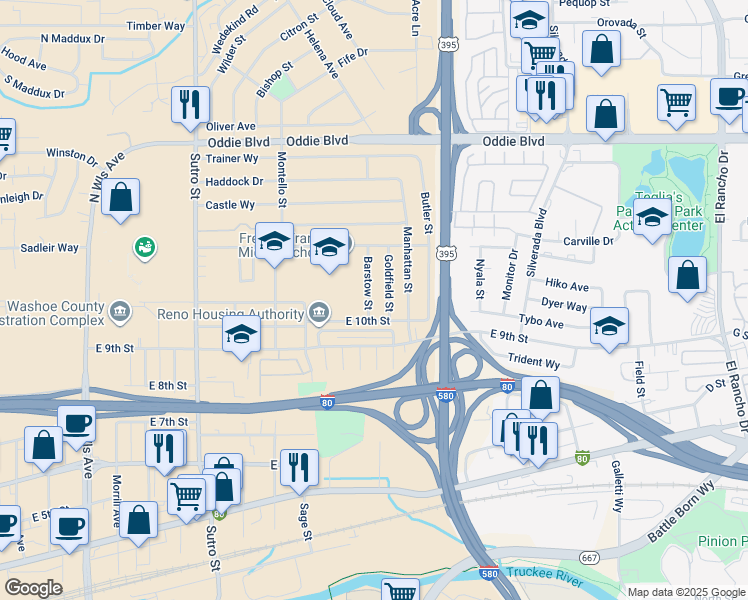 map of restaurants, bars, coffee shops, grocery stores, and more near 1070 Barstow Street in Reno