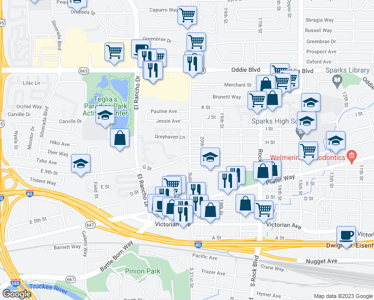 map of restaurants, bars, coffee shops, grocery stores, and more near 827 Sullivan Lane in Sparks