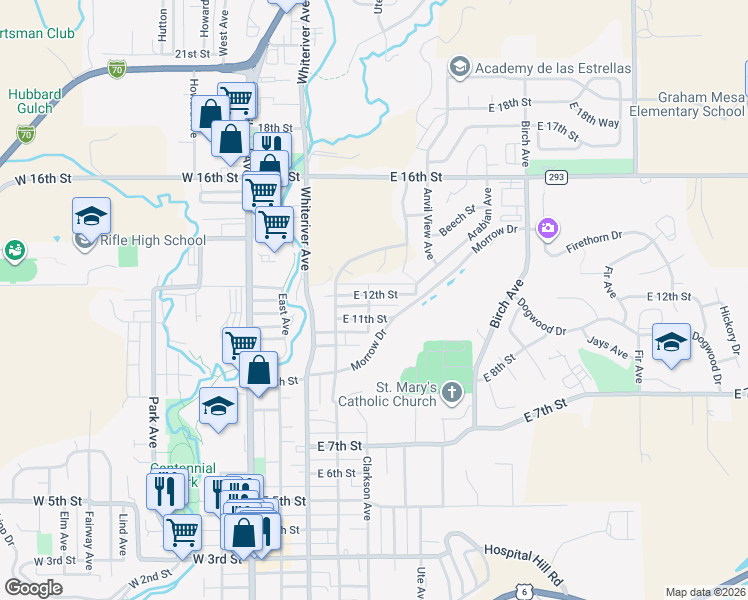 map of restaurants, bars, coffee shops, grocery stores, and more near 1108 Clarkson Avenue in Rifle