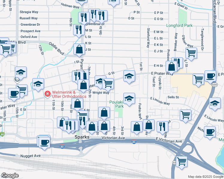 map of restaurants, bars, coffee shops, grocery stores, and more near in Sparks