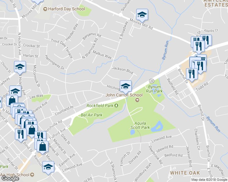 map of restaurants, bars, coffee shops, grocery stores, and more near 228 Hitching Post Drive in Bel Air