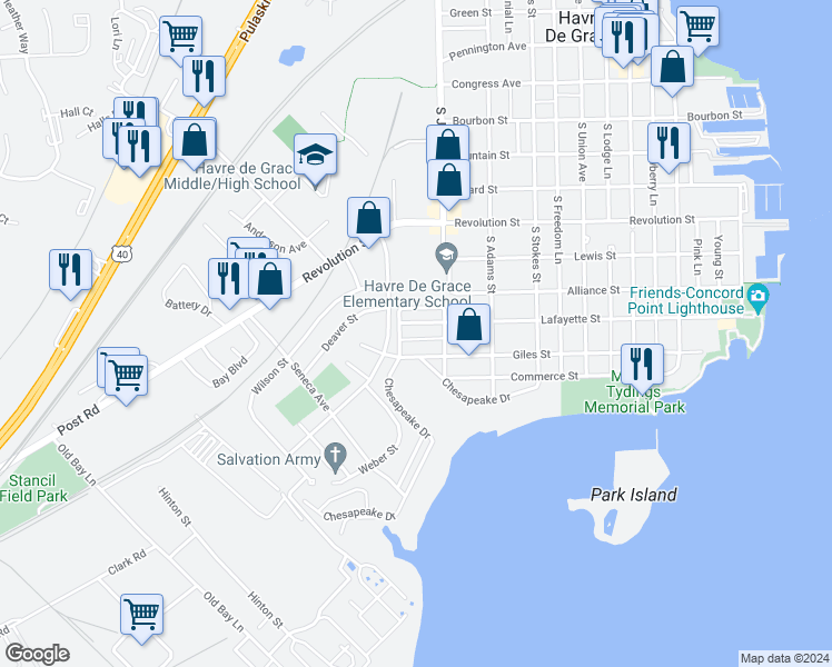 map of restaurants, bars, coffee shops, grocery stores, and more near 810 Lafayette Street in Havre de Grace