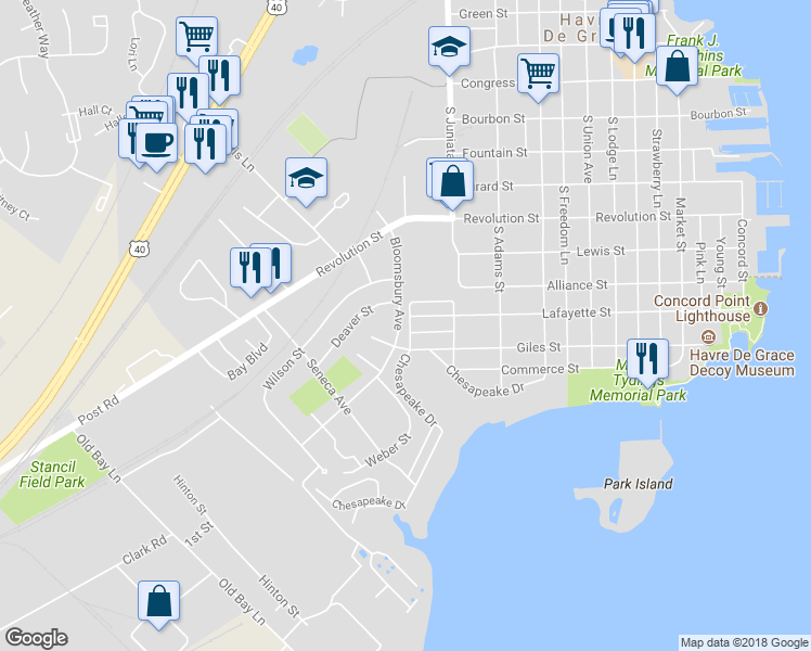 map of restaurants, bars, coffee shops, grocery stores, and more near 131 Bloomsbury Avenue in Havre de Grace