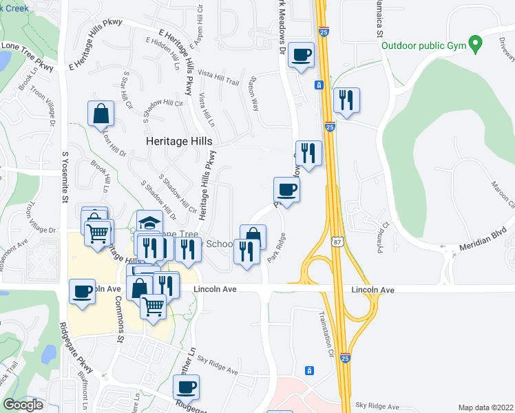 map of restaurants, bars, coffee shops, grocery stores, and more near 10360 Park Meadows Drive in Lone Tree