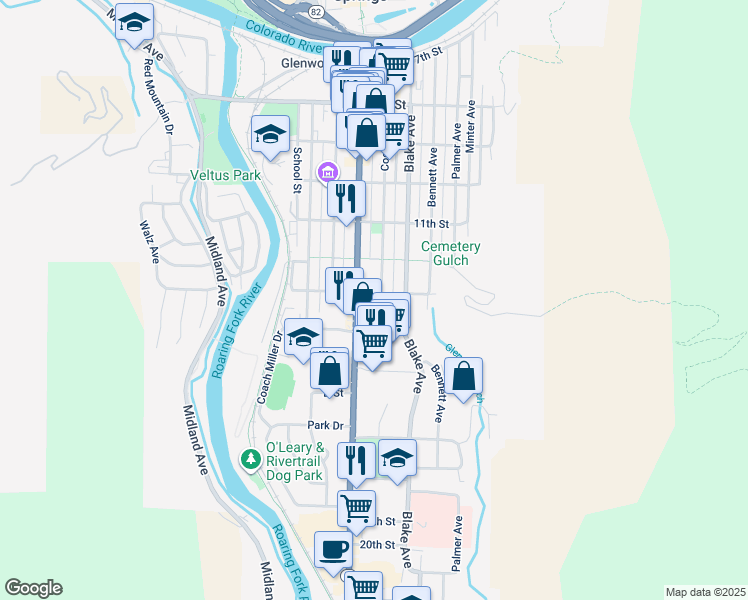 map of restaurants, bars, coffee shops, grocery stores, and more near 410 13th Street in Glenwood Springs