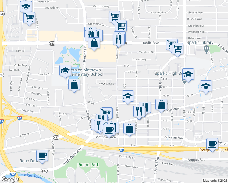 map of restaurants, bars, coffee shops, grocery stores, and more near 2100 G Street in Sparks