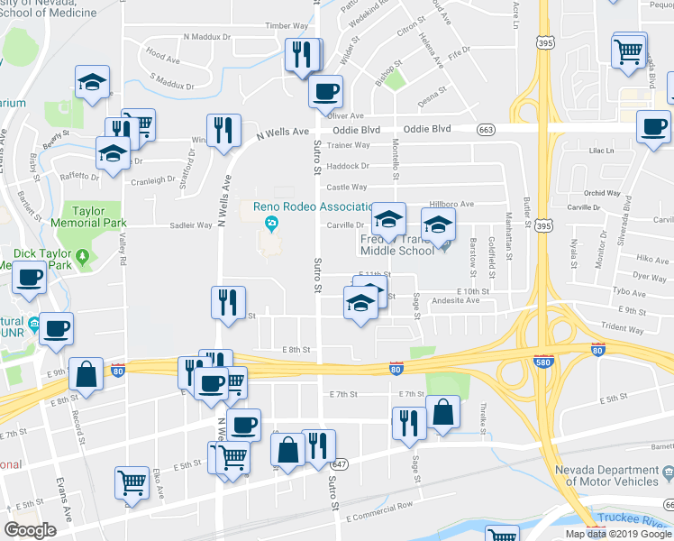 map of restaurants, bars, coffee shops, grocery stores, and more near 1265 East 11th Street in Reno