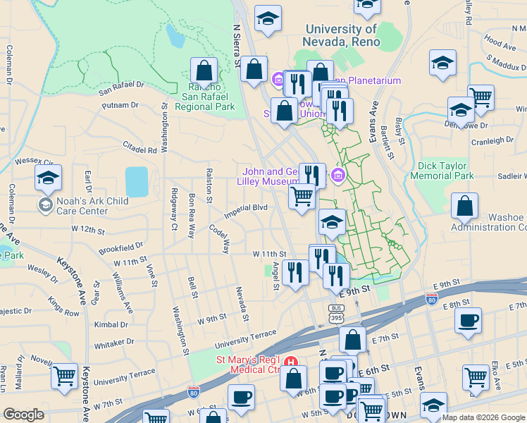 map of restaurants, bars, coffee shops, grocery stores, and more near 1261 Seminary Avenue in Reno