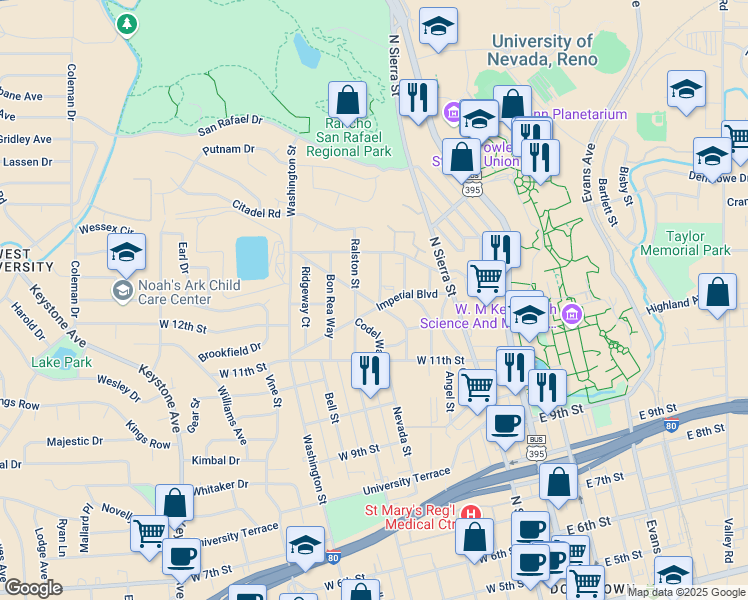 map of restaurants, bars, coffee shops, grocery stores, and more near 401 Imperial Boulevard in Reno