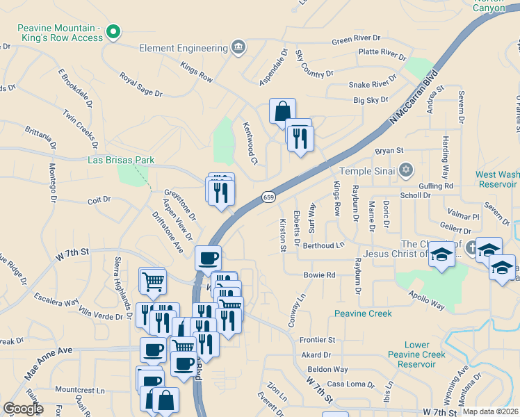 map of restaurants, bars, coffee shops, grocery stores, and more near 3670 Bryan Street in Reno