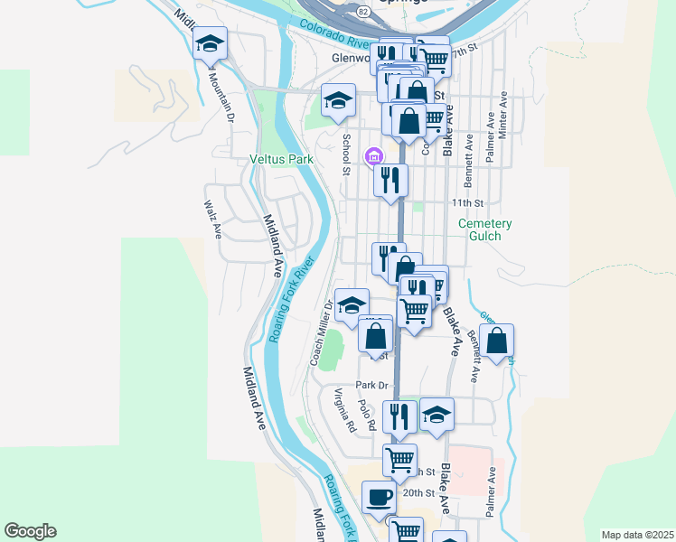 map of restaurants, bars, coffee shops, grocery stores, and more near 102 13th Street in Glenwood Springs