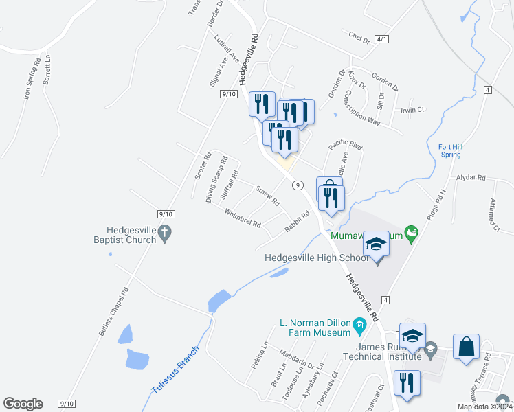 map of restaurants, bars, coffee shops, grocery stores, and more near 148 Perdiz Road in Hedgesville