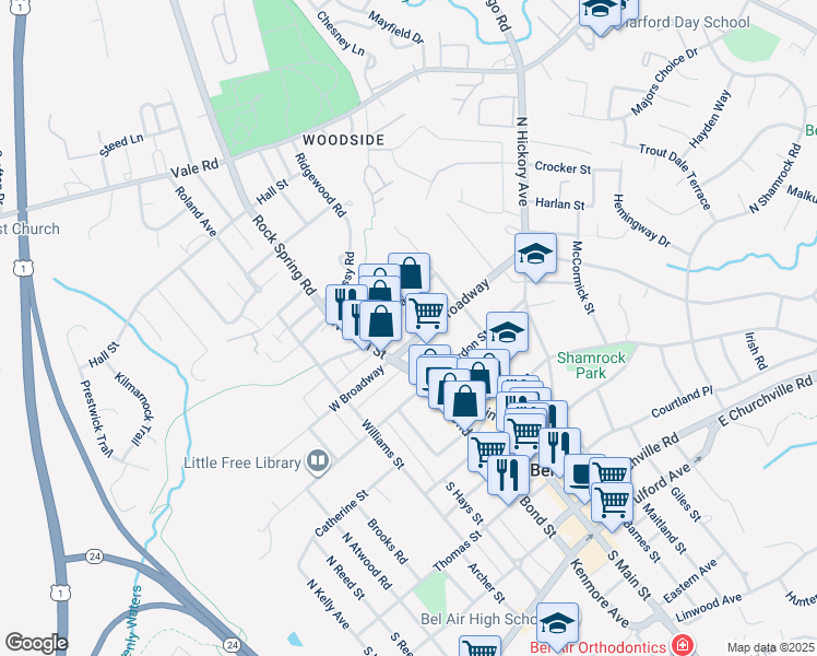 map of restaurants, bars, coffee shops, grocery stores, and more near 30 East Broadway in Bel Air