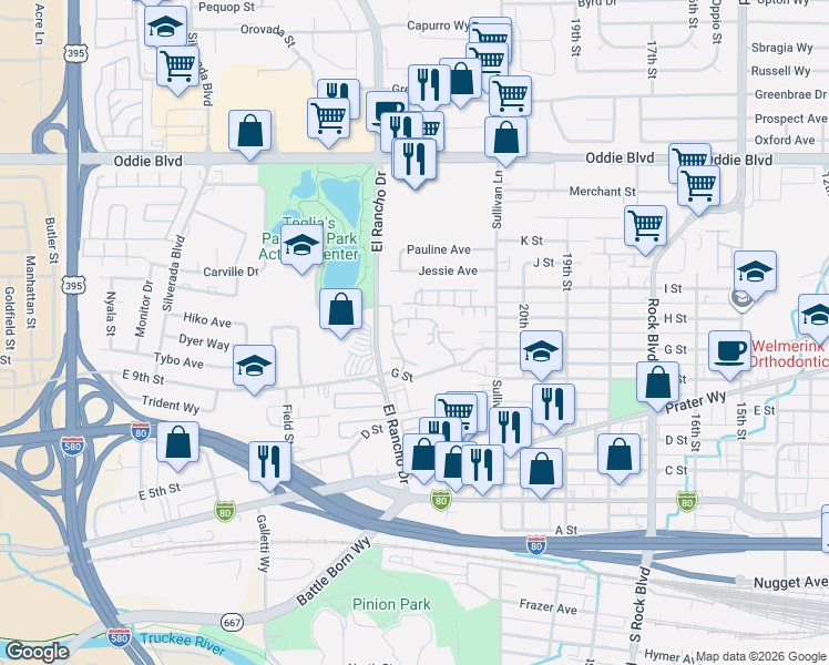 map of restaurants, bars, coffee shops, grocery stores, and more near 2325 Roundhouse Road in Sparks
