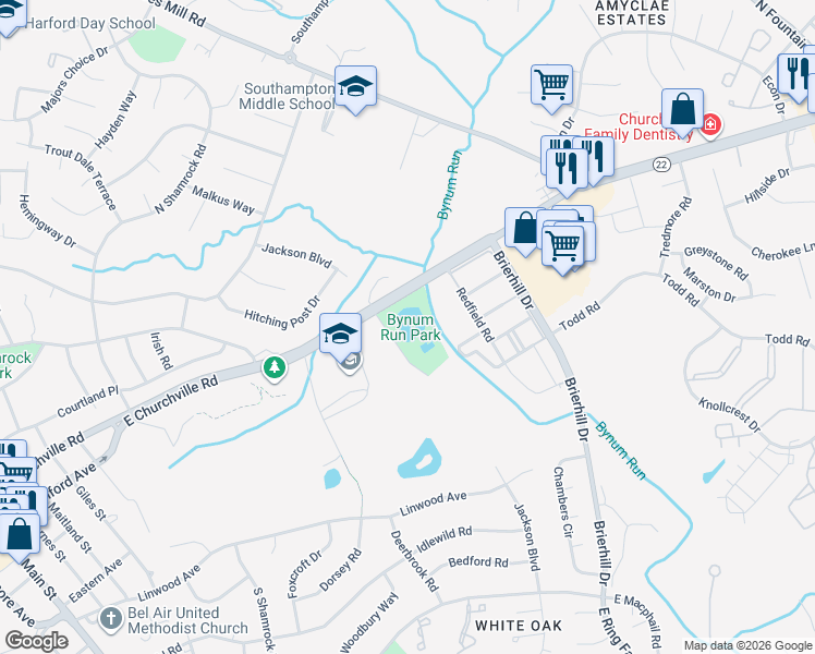map of restaurants, bars, coffee shops, grocery stores, and more near 715 Churchville Road in Bel Air