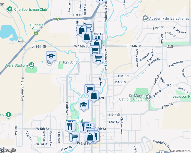 map of restaurants, bars, coffee shops, grocery stores, and more near 136 East 11th Street in Rifle