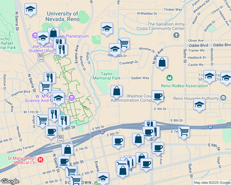 map of restaurants, bars, coffee shops, grocery stores, and more near 1205 Valley Road in Reno