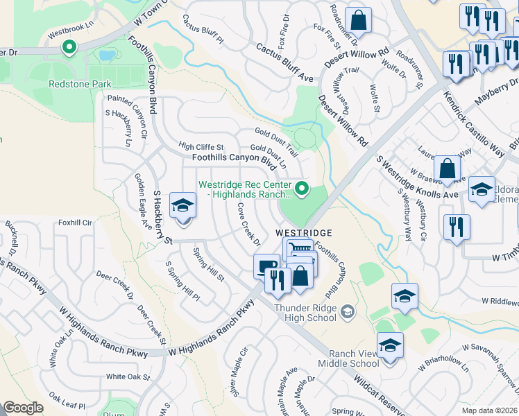 map of restaurants, bars, coffee shops, grocery stores, and more near 9676 Whitecliff Place in Littleton