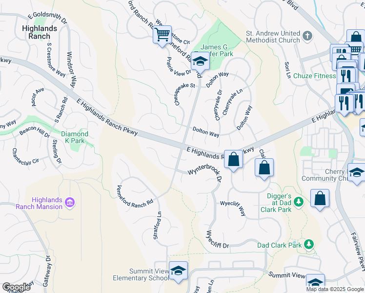map of restaurants, bars, coffee shops, grocery stores, and more near E Highlands Ranch Pkwy & Venneford Ranch Rd in Highlands Ranch