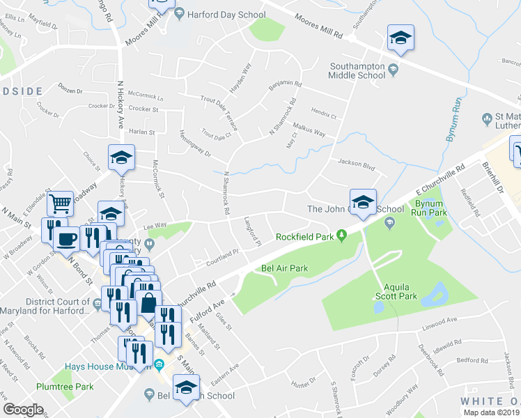 map of restaurants, bars, coffee shops, grocery stores, and more near 506 Lee Way in Bel Air