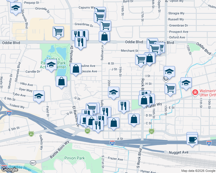 map of restaurants, bars, coffee shops, grocery stores, and more near 2002 G. Street in Sparks