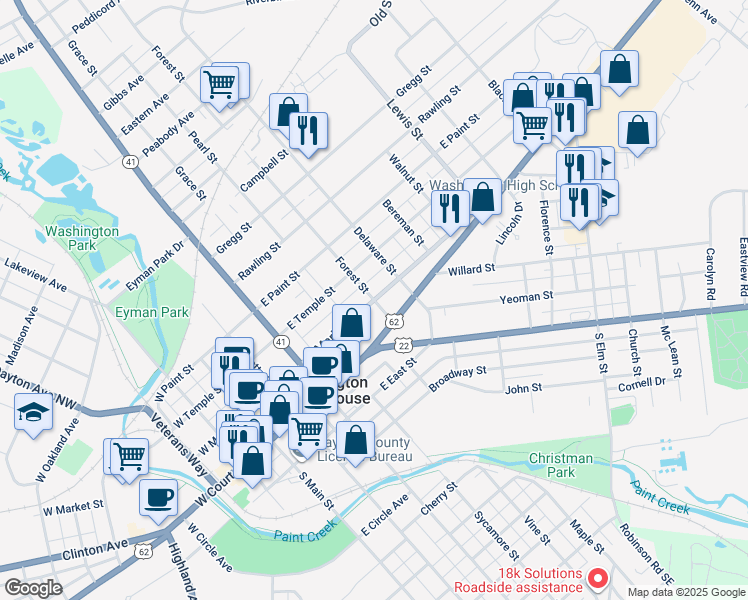 map of restaurants, bars, coffee shops, grocery stores, and more near East Market Street in Washington Court House