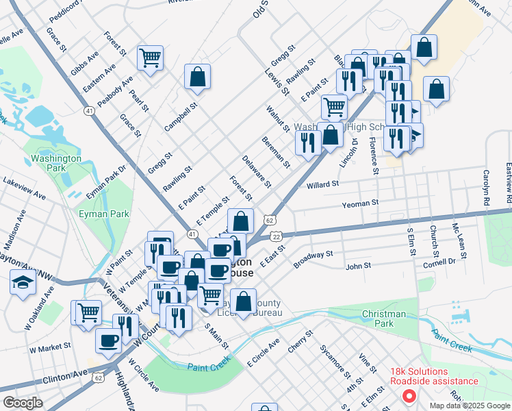 map of restaurants, bars, coffee shops, grocery stores, and more near East Market Street in Washington Court House