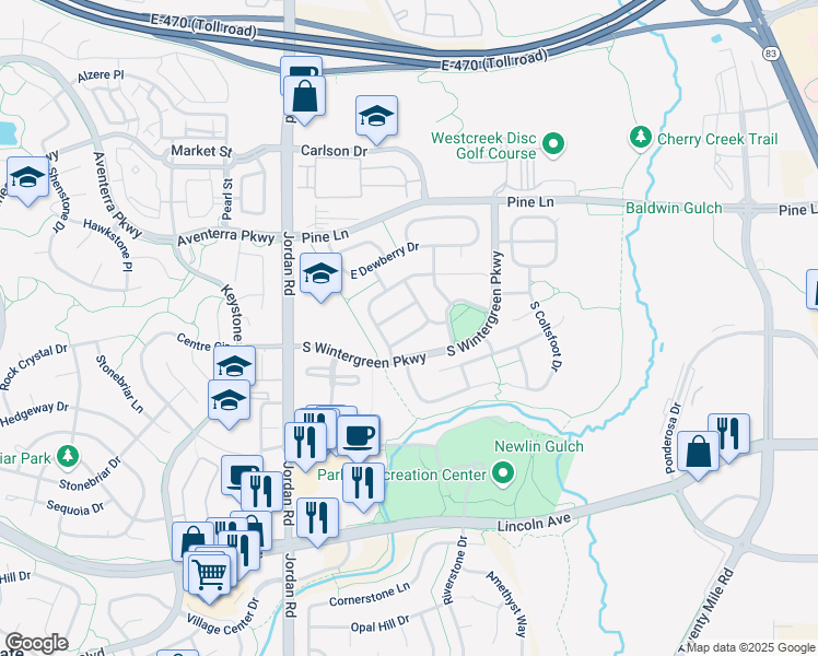 map of restaurants, bars, coffee shops, grocery stores, and more near 17318 East Twinberry Street in Parker