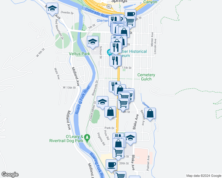 map of restaurants, bars, coffee shops, grocery stores, and more near 1306 Colorado Court in Glenwood Springs