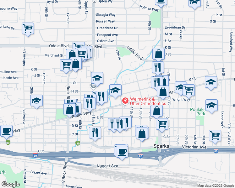 map of restaurants, bars, coffee shops, grocery stores, and more near 1216 Prater Way in Sparks