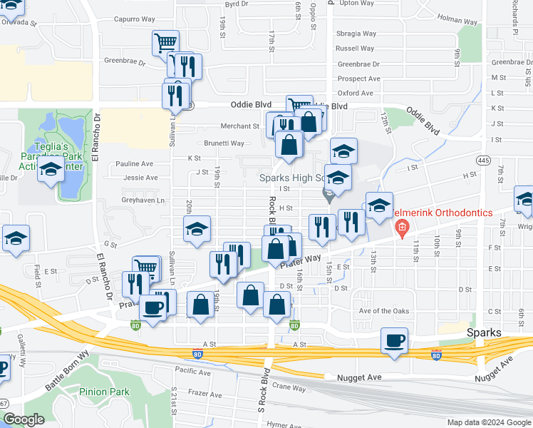 map of restaurants, bars, coffee shops, grocery stores, and more near 1730 G. Street in Sparks