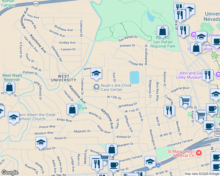 map of restaurants, bars, coffee shops, grocery stores, and more near 1250 Alturas Avenue in Reno