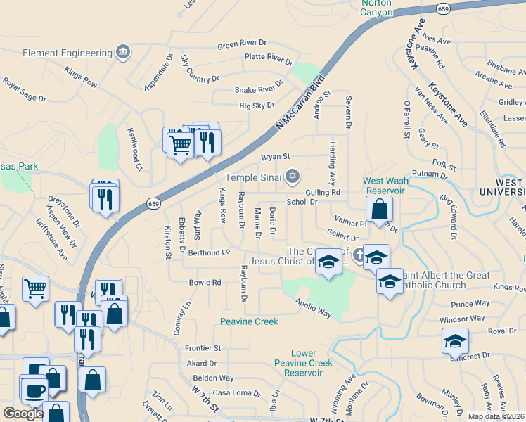 map of restaurants, bars, coffee shops, grocery stores, and more near 1463 Doric Drive in Reno