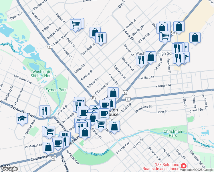 map of restaurants, bars, coffee shops, grocery stores, and more near 421 East Temple Street in Washington Court House