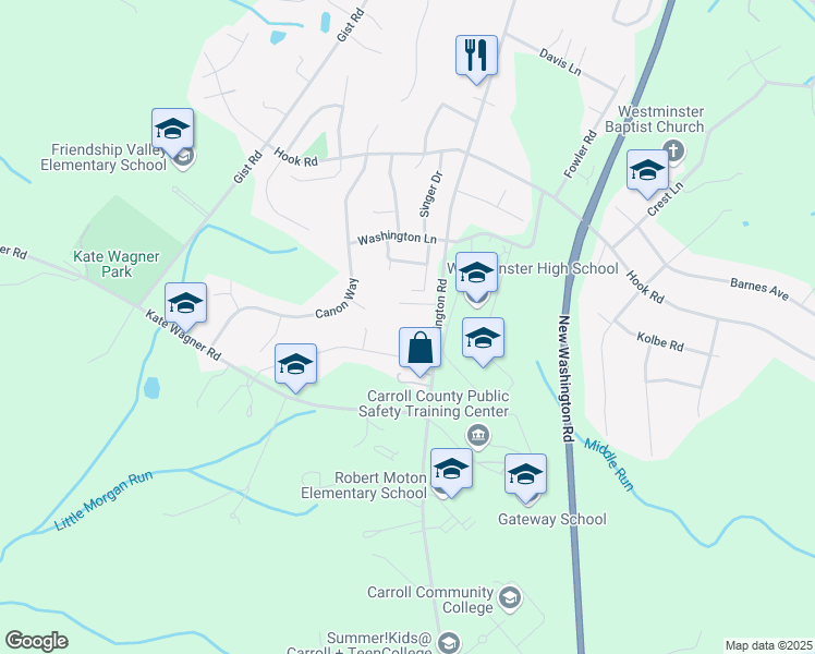 map of restaurants, bars, coffee shops, grocery stores, and more near 1234 Washington Road in Westminster