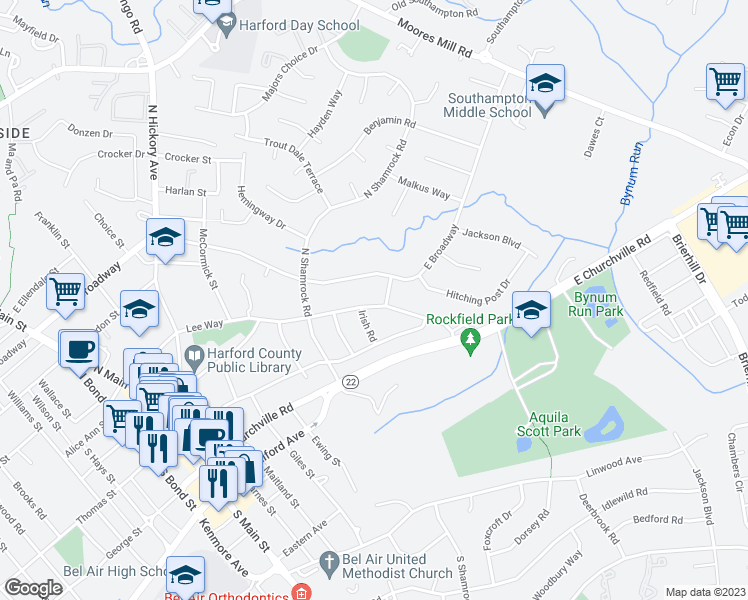 map of restaurants, bars, coffee shops, grocery stores, and more near 512 Lee Way in Bel Air