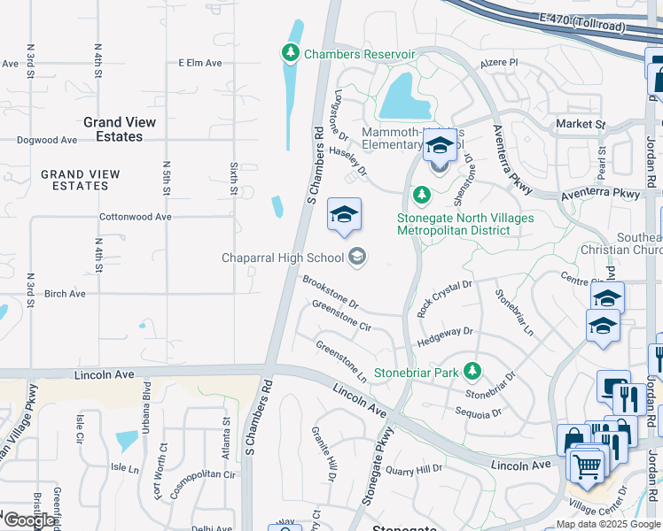map of restaurants, bars, coffee shops, grocery stores, and more near 15655 Brookstone Drive in Parker