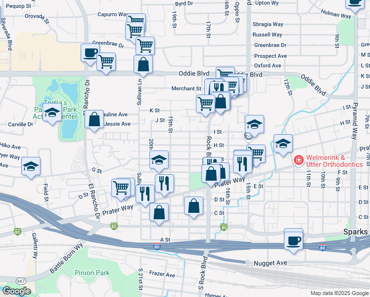 map of restaurants, bars, coffee shops, grocery stores, and more near 1811 H Street in Sparks