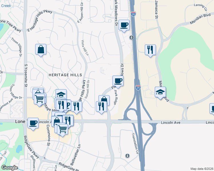 map of restaurants, bars, coffee shops, grocery stores, and more near 10400 Park Meadows Drive in Lone Tree
