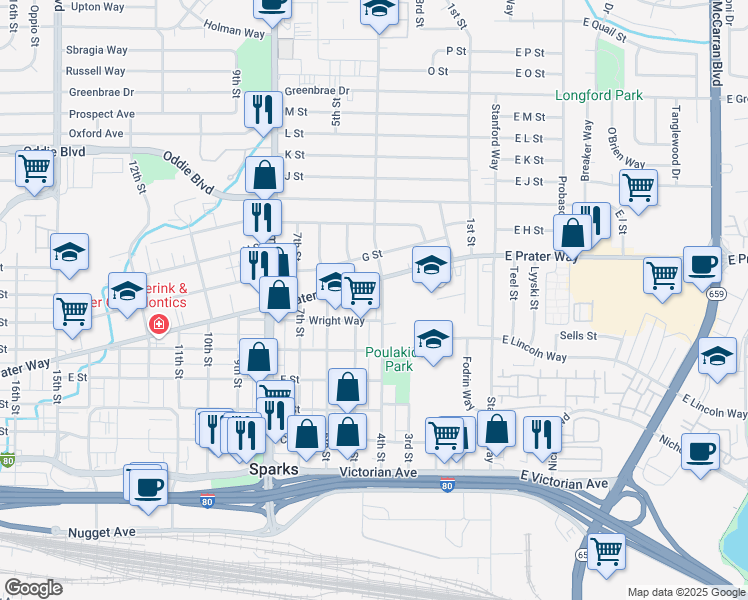 map of restaurants, bars, coffee shops, grocery stores, and more near 745 4th Street in Sparks