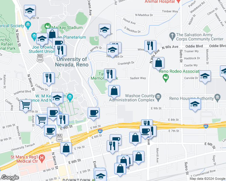 map of restaurants, bars, coffee shops, grocery stores, and more near 1205 Valley Road in Reno