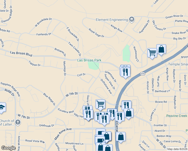 map of restaurants, bars, coffee shops, grocery stores, and more near 5190 Driftstone Avenue in Reno