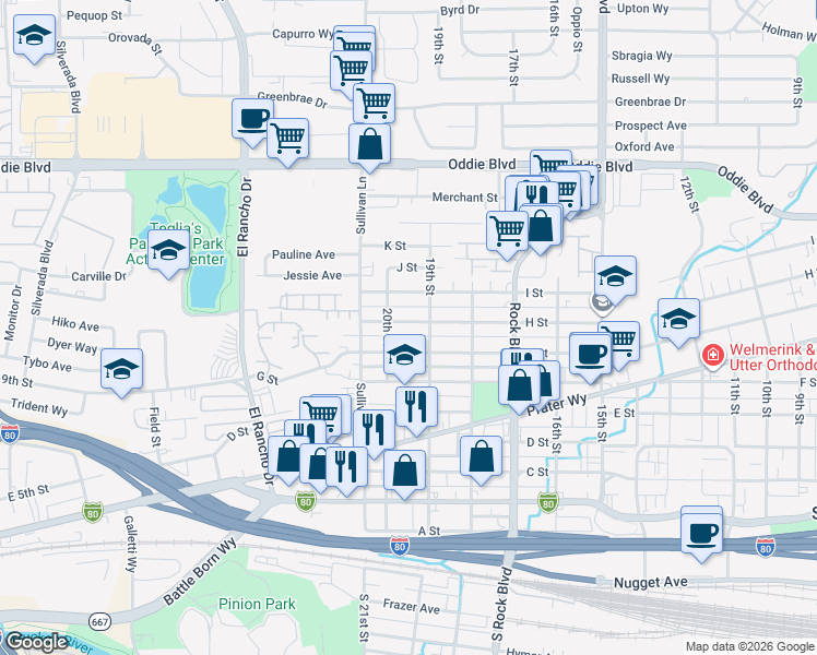 map of restaurants, bars, coffee shops, grocery stores, and more near 1900 G Street in Sparks