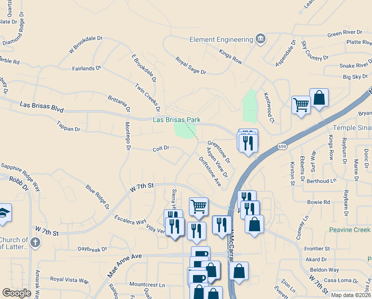 map of restaurants, bars, coffee shops, grocery stores, and more near 5190 Driftstone Avenue in Reno