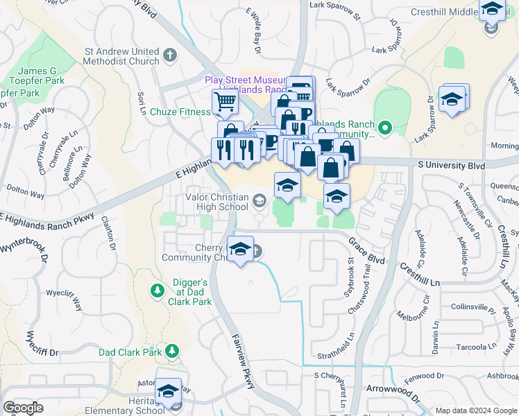 map of restaurants, bars, coffee shops, grocery stores, and more near 3775 Grace Boulevard in Highlands Ranch