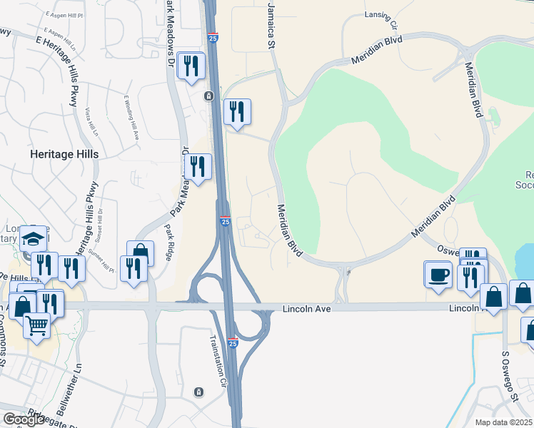 map of restaurants, bars, coffee shops, grocery stores, and more near 9777 Pyramid Court in Englewood