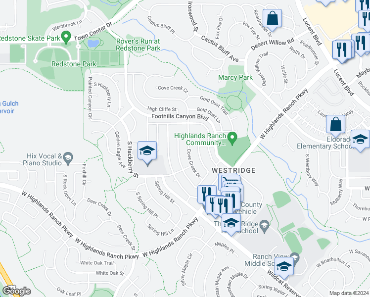 map of restaurants, bars, coffee shops, grocery stores, and more near 9641 Cove Creek Drive in Littleton