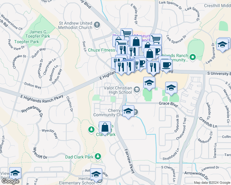 map of restaurants, bars, coffee shops, grocery stores, and more near 9811 Dunning Circle in Highlands Ranch